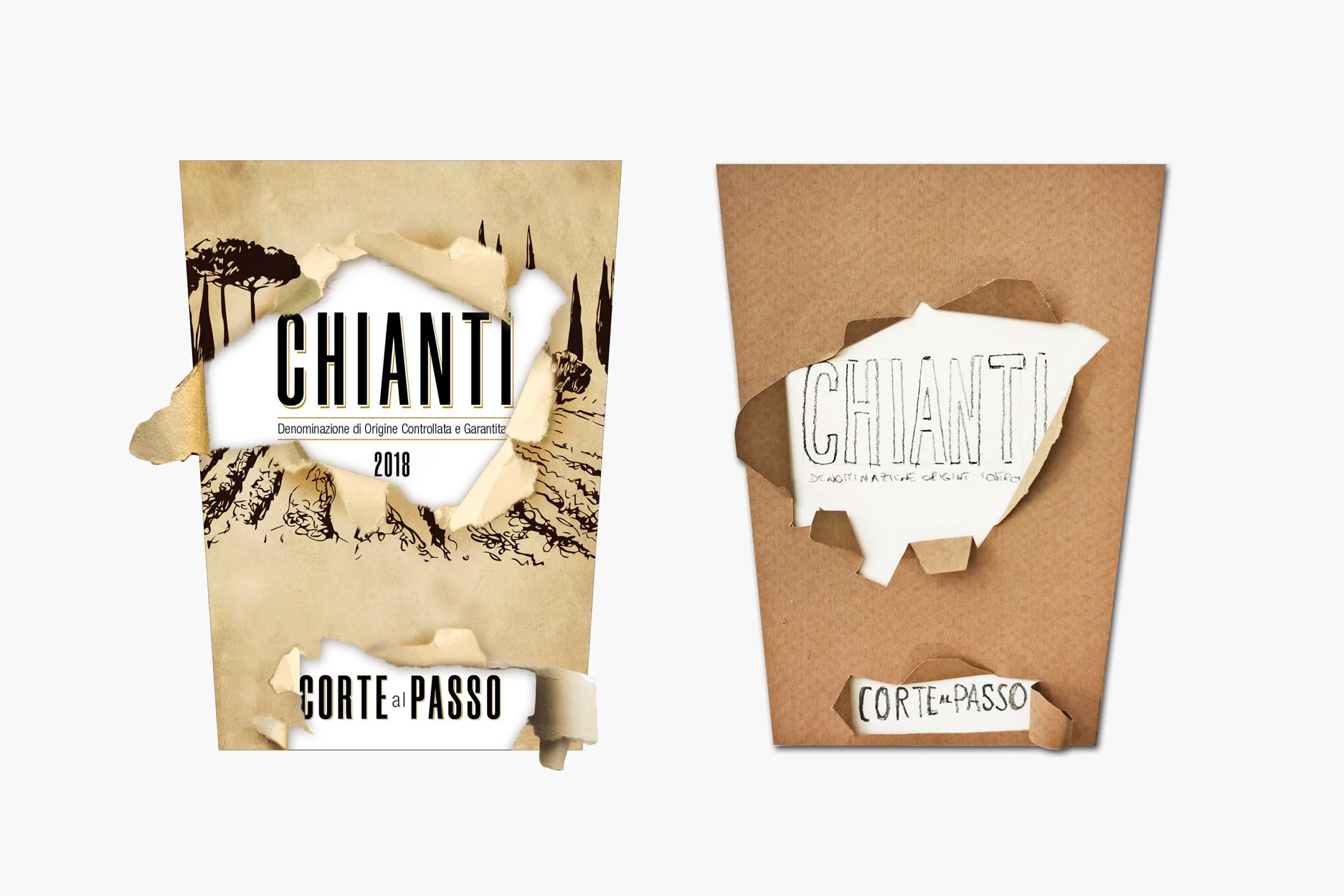 Etichetta di vino Chianti e relativo mockup con strappo
