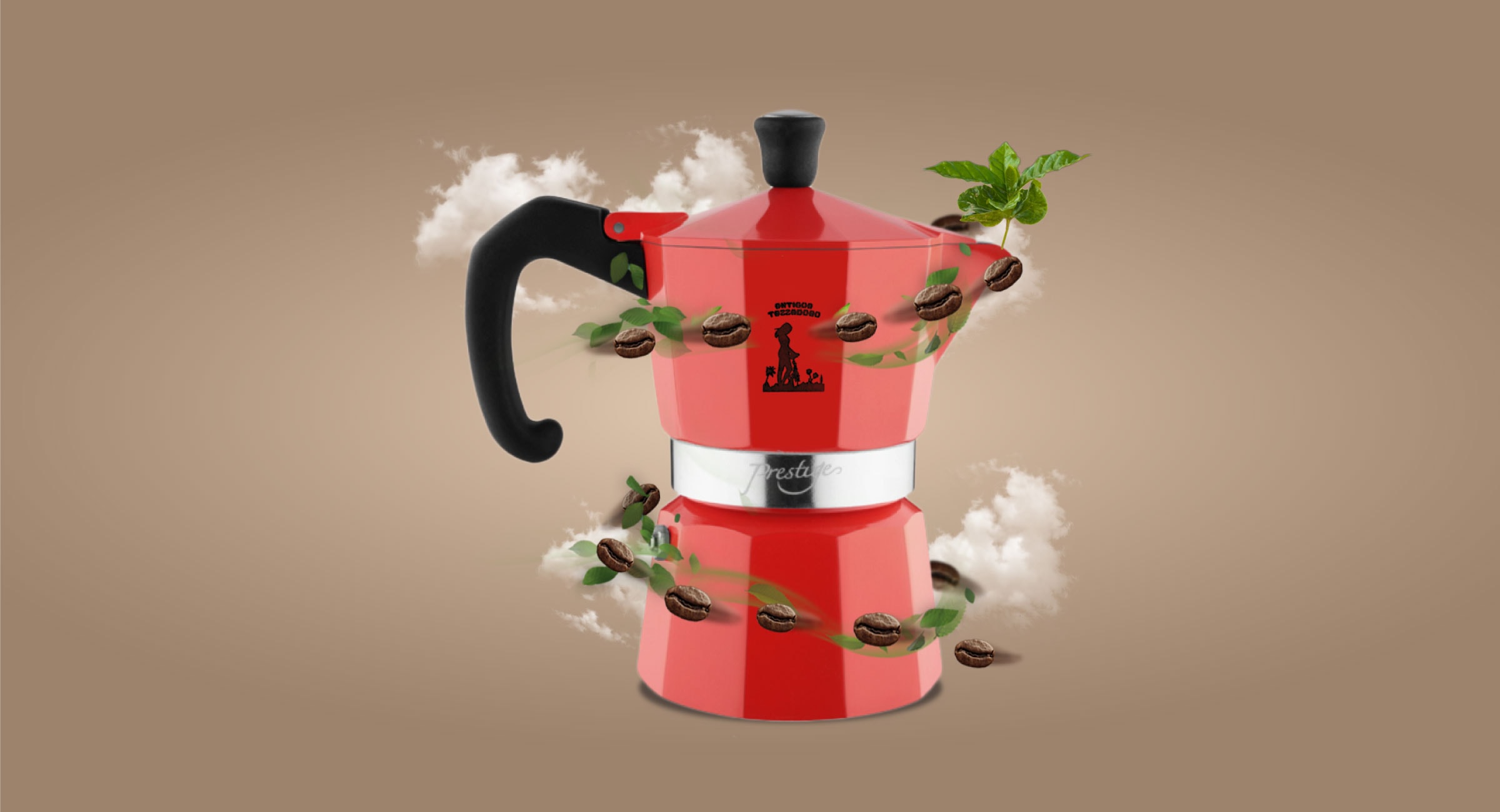 Composizione grafica di una moka con chicchi di caffè e nuvole su sfondo colorato